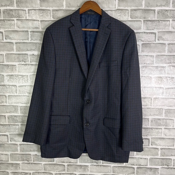 Michael Kors Navy Blue & Charcoal Gingham Check Blazer Suit Jacket Mens 44L Poly - Picture 1 of 10